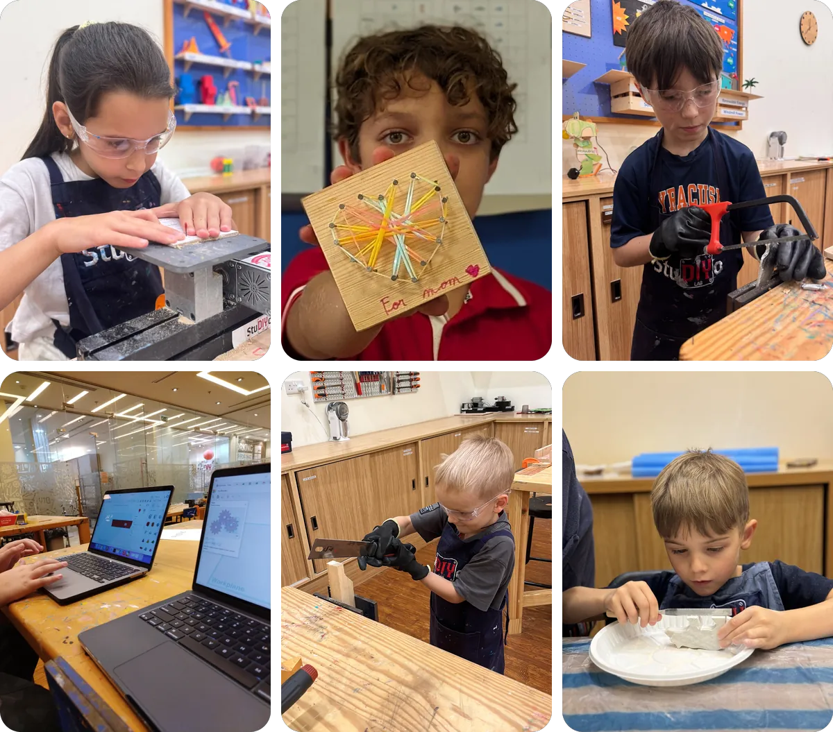 Children at StuDIYo Lab cutting wood on a jigsaw, holding up string art, finishing a metal casting, designing for 3D printing, sawing with hand tools and carving soapstone